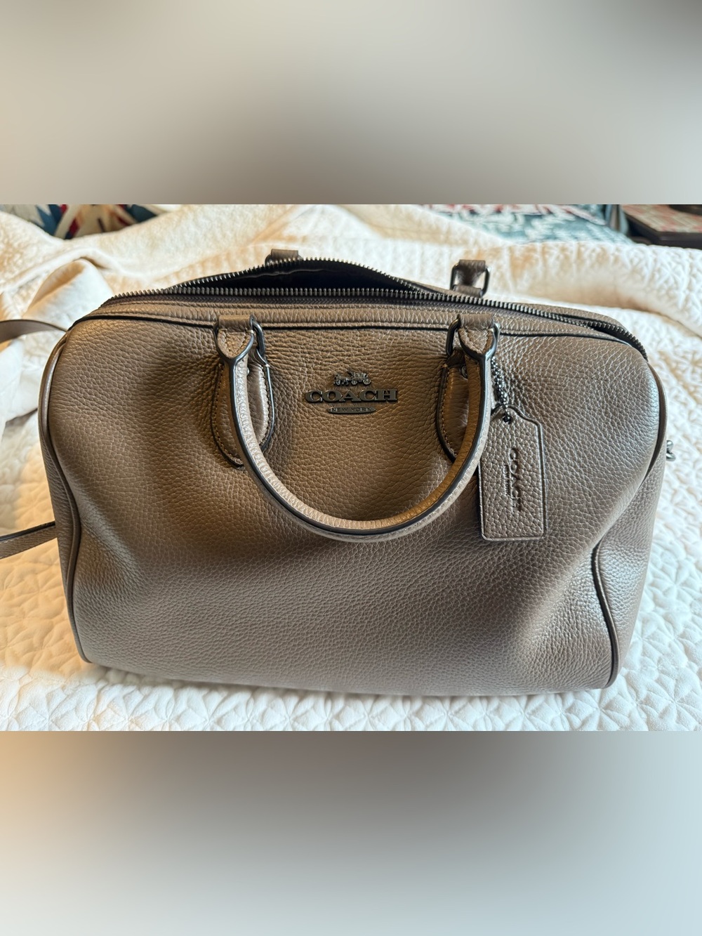 Coach Pebbled Leather Satchel in Taupe Brown